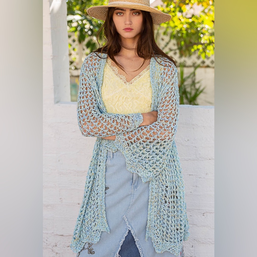 POL Powder Blue Crochet Knit Wrap Tie Waist Cardigan Sweater - Picture 3 of 7